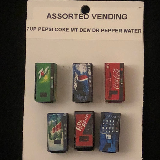 6 Assorted Vending Machines, Mtn. Dew, Pepsi, Coke, 7 Up, Dr. Pepper, Water – 1 each per package